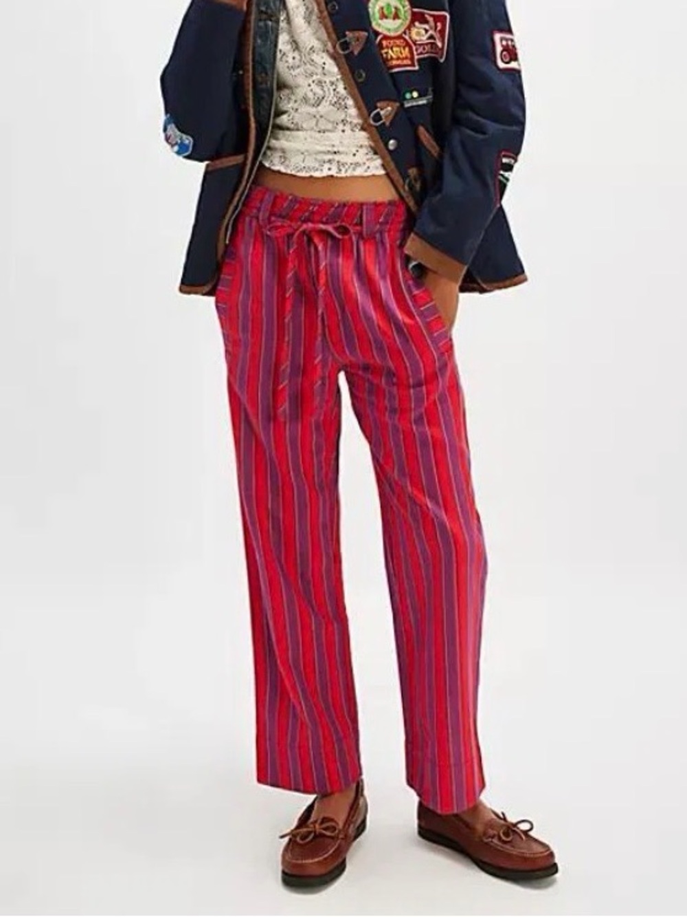 Free People Marielle Pull-On Pants Straight-Leg Red & Purple Stripe Size Medium